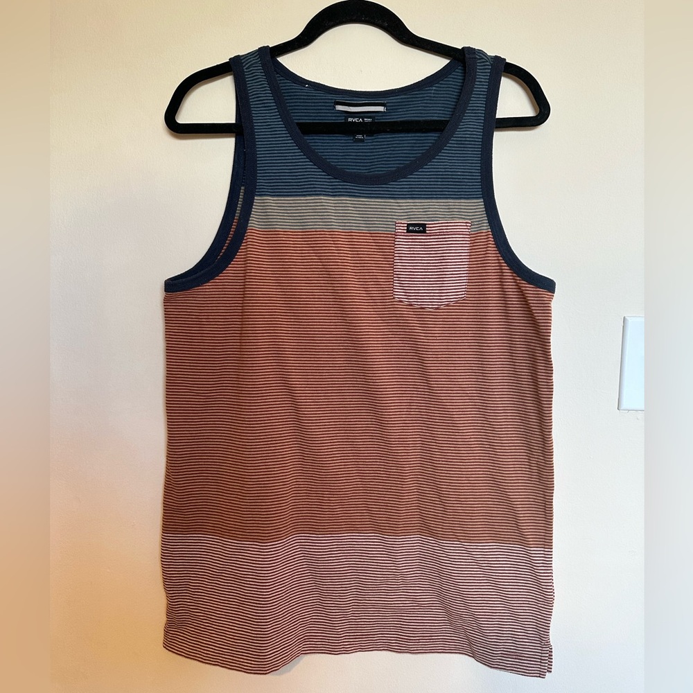 RVCA Men's Tank Top - Navy and Rust Stripes